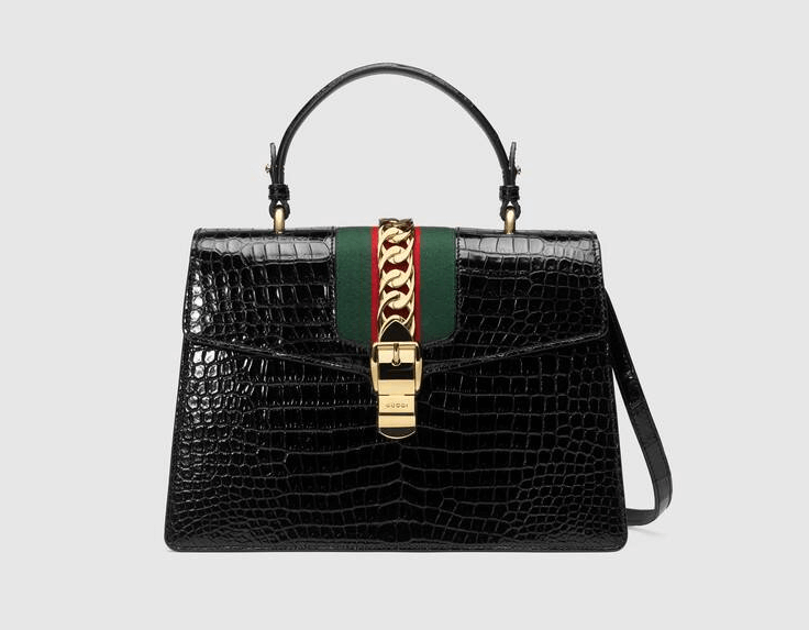 Gucci Sylvie Black Crocodile Top Handle Bag