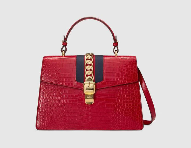 Gucci Sylvie Hibiscus Red Crocodile Top Handle Bag